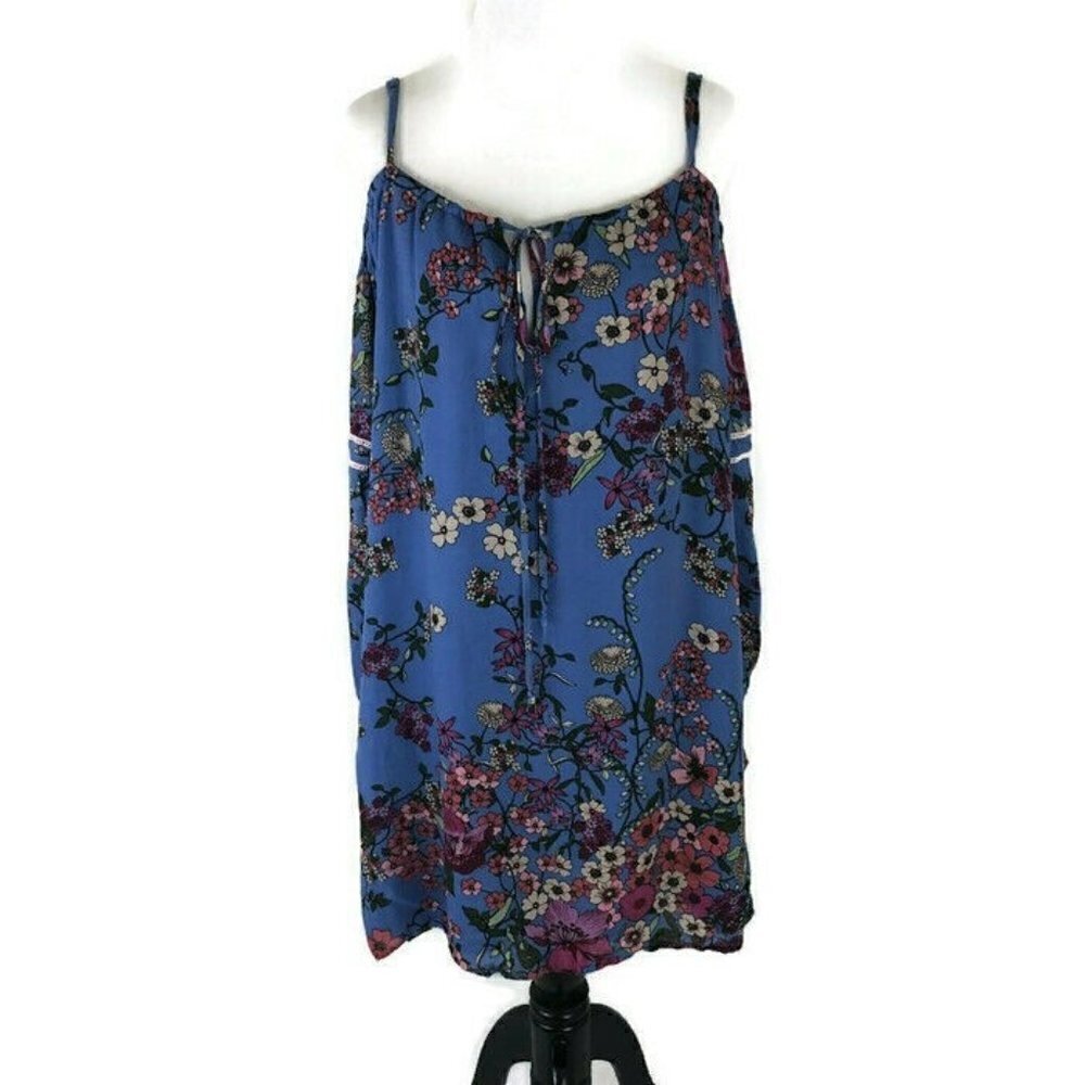 WAYF Women's M Medium Mini Shift Dress Cold Shoulder Dress Floral Pattern Blue